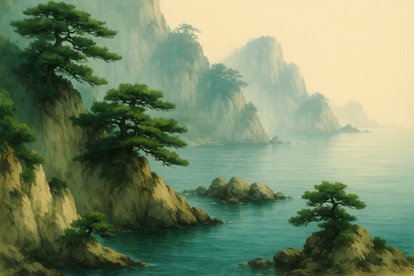 JPG 나무 식물 바다 일러스트 자연 아침 산 풍경 해변 파란색 평화 고요 안개 수면 기암괴석 조경 조화 산악지대 동아시아 국내일러스트 AI일러스트 AI콘텐츠 주간 컬러 컨셉 날씨 물 바위_돌 생태계 파일형식