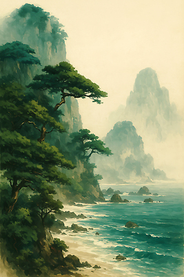 JPG 나무 바다 여행 일러스트 자연 바람 산 풍경 해변 초록색 모래사장 일출 고요 일몰 탐험 안개 바위 생태계 조화 국내일러스트 AI일러스트 AI콘텐츠 자연요소 식물 컬러 날씨 노을 돌_바위 파일형식