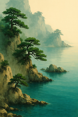 JPG 여유 바다 여행 일러스트 자연 휴식 산 풍경 해변 야외 빛 고요 절벽 탐험 바위 소나무 에메랄드 조화 수목 국내일러스트 AI일러스트 AI콘텐츠 나무 감정 컨셉 돌_바위 보석 생태계 파일형식