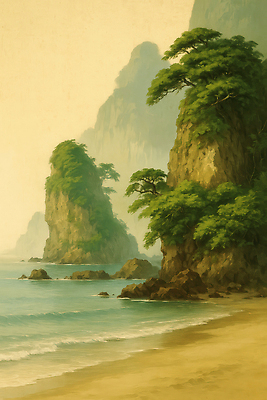 JPG 나무 물결 바다 여행 일러스트 자연 아침 근육 휴식 산 풍경 해변 파란색 평화 바위 조용 조화 뷰티풀 풍경화 국내일러스트 AI일러스트 AI콘텐츠 주간 식물 컬러 컨셉 돌_바위 그림 생태계 파일형식