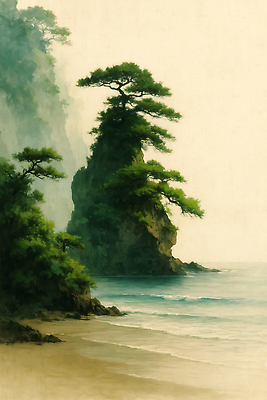 JPG 나무 식물 그릇 물결 바다 여행 일러스트 자연 아침 풍경 취미 해변 파란색 평화 고요 절벽 바위 뷰티풀 수목 국내일러스트 AI일러스트 AI콘텐츠 주간 식기 컬러 컨셉 돌_바위 생태계 파일형식