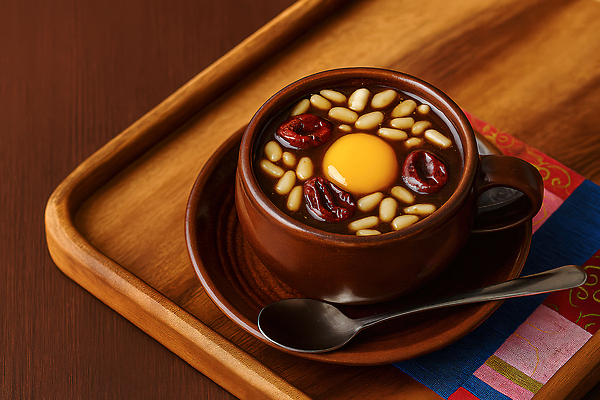 JPG 편집이미지 전통 한식 컬러 재료 디저트 계란 식사 대추 죽 잣 나무쟁반 쌍화차 찹쌀 편집실사 AI포토 AI콘텐츠 음식 쟁반 목재 차_음료 알 견과류 쌀 CG 파일형식