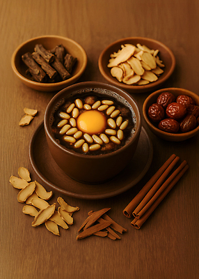 JPG 편집이미지 탁자 건강 식사 차 전통차 향신료 대추 호두 후추 생강 다과 나무열매 시나몬 쌍화차 한방차 편집실사 AI포토 AI콘텐츠 열매 음료 가구 채소 디저트 차_음료 견과류 CG 향미료 파일형식