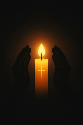 JPG 손 감정 십자가 일러스트 촛불 불꽃 휴식 조명 빛 평화 어둠 기도 영혼 명상 위로 심리 감싸기 순간 국내일러스트 AI일러스트 AI콘텐츠 컨셉 초 모션 불 신체부위 파일형식