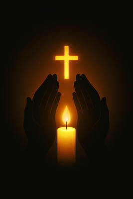 JPG 손 기독교 종교 십자가 일러스트 촛불 빛 평화 믿음 어둠 기도 마음 예배 조용 순간 국내일러스트 AI일러스트 AI콘텐츠 감정 컨셉 초 신체부위 파일형식