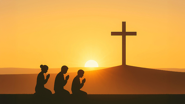 JPG 감정 종교 십자가 일러스트 자연 풍경 여러명 평화 노을 믿음 희망 황혼 새벽 기도 저녁 열정 무릎 숭배 국내일러스트 AI일러스트 AI콘텐츠 자연요소 다수 컨셉 사람 신체부위 일몰 야간 생태계 파일형식