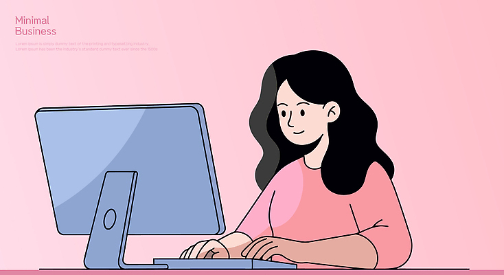 직업 디자인 여자 분홍색 백그라운드 일러스트 직장 기술 표정 노트북 컴퓨터 사무실 스크린 작업 분위기 집중 모던 커리어 스타일 국내일러스트 AI파일 컬러 컨셉 회사 비즈니스 사람 전자제품 파일형식 벡터