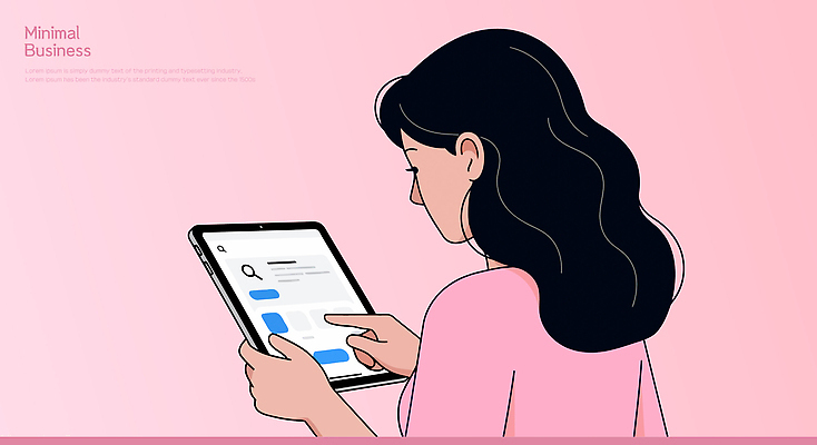 디자인 여자 분홍색 백그라운드 일러스트 커뮤니케이션 직장 전자제품 태블릿 사무실 디지털 과학기술 업무 작업 메시지 집중 모던 소통 스타일 사용자 국내일러스트 AI파일 컬러 컨셉 회사 비즈니스 기술 사람 스마트기기 파일형식 벡터