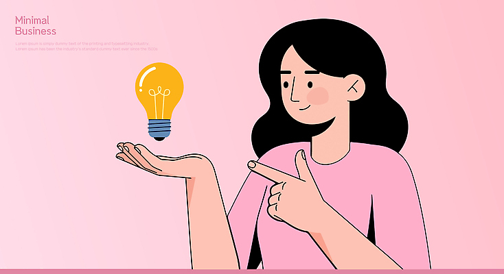 손 디자인 여자 상징 분홍색 백그라운드 일러스트 비즈니스 전구 모션 아이디어 미소 그래픽 표현 모던 긍정적 발상 상상력 창의성 국내일러스트 AI파일 감정 컬러 컨셉 표정 사람 신체부위 파일형식 벡터