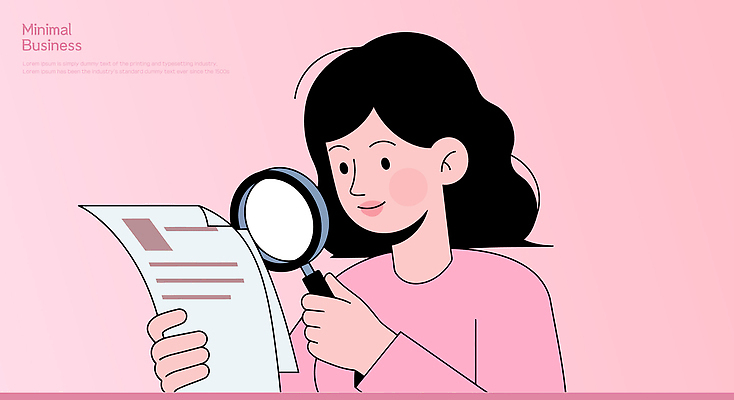 디자인 일러스트 비즈니스 돋보기 일상 사무실 디지털 사무용품 자료 관찰 작업 집중 분석 확인 모던 문서 분홍색배경 국내일러스트 AI파일 분홍색 백그라운드 컨셉 모션 문구용품 라이프 파일형식 벡터