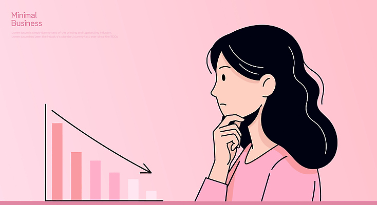 여자 감정 분홍색 일러스트 비즈니스 그래프 경제 유행 자료 경쟁 정보 시장 결과 계획 하락 분석 고민 투자 전략 국내일러스트 AI파일 컬러 컨셉 사람 파일형식 벡터