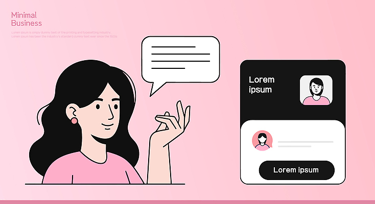 캐릭터 여자 감정 분홍색 백그라운드 일러스트 비즈니스 대화 손짓 일상 디지털 표현 메시지 모던 그림 소통 소셜미디어 인터페이스 프로필 국내일러스트 일러캐릭터 AI파일 컬러 컨셉 모션 말하기 사람 라이프 파일형식 벡터