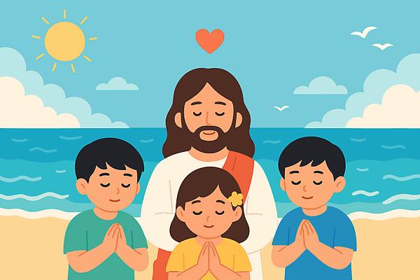 행복 종교 어린이 바다 일러스트 가족 자연 하늘 사랑 해변 일상 햇빛 평화 기도 예수 그림 화합 초상화 동심 국내일러스트 AI파일 감정 컨셉 관계 사람 라이프 태양 신_종교 생태계 파일형식 벡터