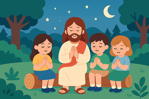 나무 행복 별 종교 어린이 일러스트 자연 사랑 웃음 학습 평화 믿음 성경 기도 예수 축복 야간 숲 장면 조화 국내일러스트 AI파일 자연요소 식물 교육 감정 컨셉 종교용품 표정 사람 신_종교 생태계 파일형식 벡터