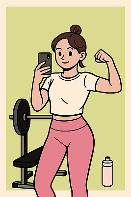 여자 포즈 다이어트 채소 일러스트 근육 건강 운동복 운동 헬스 스트레칭 자신감 몸무게 셀프카메라 물병 연습 체육관 근력 국내일러스트 AI파일 옷 감정 사람 사진촬영 물통 파일형식 벡터