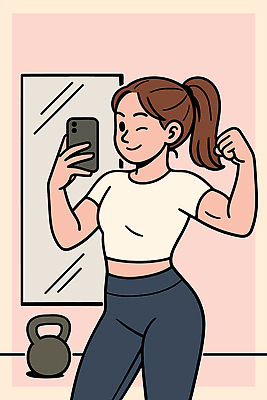 여자 스포츠 일러스트 모션 아침 근육 실내 건강 취미 운동복 운동 카메라 운동기구 헬스 거울 자신감 셀프카메라 일과 국내일러스트 AI파일 주간 옷 감정 사람 내부 전자제품 사진촬영 파일형식 벡터
