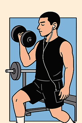 남자 음악 이어폰 일러스트 스튜디오 운동선수 건강 피곤 운동복 운동 헬스 스트레칭 아령 몸무게 웨이트트레이닝 몸매 집중 연습 체육관 근력 국내일러스트 AI파일 옷 스포츠 음향기기 컨셉 문화예술 사람 파일형식 벡터