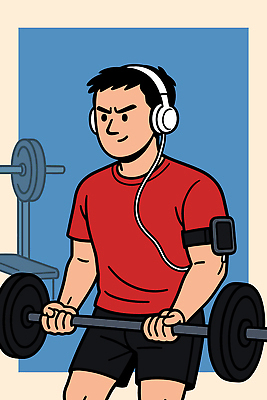 남자 음악 일러스트 건강 운동복 운동 머리 헬스 헤드폰 힘 헬스장 무게 몸무게 웨이트트레이닝 손목 집중 연습 팔 국내일러스트 AI파일 옷 음향기기 컨셉 문화예술 사람 신체부위 파일형식 벡터