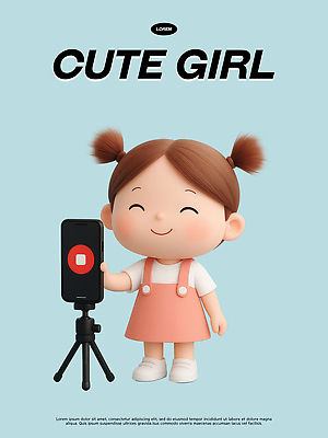 PSD 편집이미지 캐릭터 원피스 행복 어린이 포즈 백그라운드 웃음 소녀 스마트폰 장난감 귀여움 촬영 장면 삼각대 편집3D 옷 여자 감정 컨셉 표정 사람 핸드폰 스마트기기 3D 파일형식