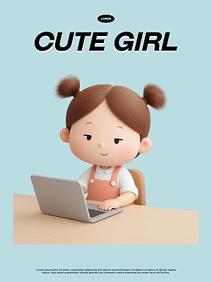 PSD 편집이미지 캐릭터 교육 어린이 백그라운드 실내 소녀 컴퓨터 귀여움 타이핑 작업 집중 파스텔 애니메이션 편집3D 여자 컨셉 학용품 사람 내부 전자제품 3D 파일형식