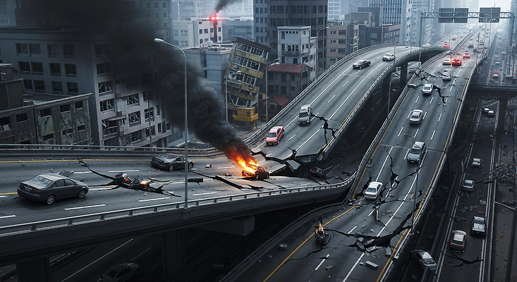 JPG 편집이미지 도로 교통 생각 자동차 고층빌딩 손상 도시 고속도로 구조물 연기 위험 자연재해 화재 소음 지진 편집실사 AI포토 AI콘텐츠 건축 길 육상교통 컨셉 교통시설 빌딩 소리 사건 CG 재해 파일형식