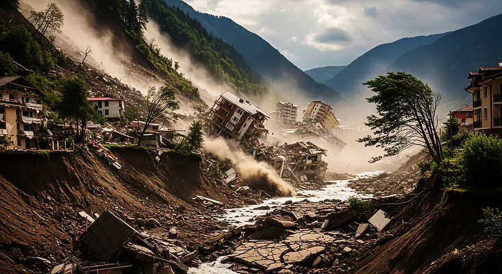 JPG 편집이미지 산 풍경 건물 강 마을 환경 흙 피해 흐름 돌_바위 균열 자연재해 먼지 산사태 지진 편집실사 AI포토 AI콘텐츠 건축물 컨셉 모션 CG 재해 파일형식