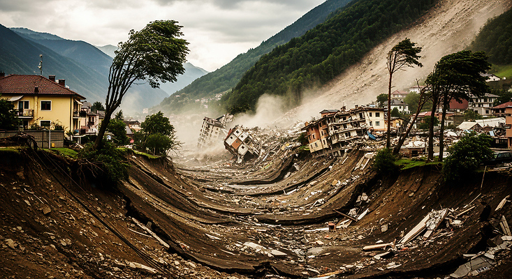 JPG 나무 구름 편집이미지 하늘 산 주택 마을 흙 피해 손상 자연재해 산사태 지진 전경 경관 편집실사 AI포토 AI콘텐츠 자연요소 식물 컨셉 풍경 건물 CG 재해 파일형식 탑뷰