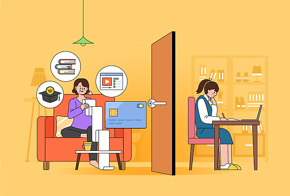 여자 거실 일러스트 모션 주택 기술 두명 생활 학습 소파 시간 소비 책상 온라인쇼핑 편리함 생활공간 주황색배경 국내일러스트 AI파일 교육 가구 백그라운드 컨셉 의자 사람 건물 쇼핑 주황색 온라인 파일형식 벡터