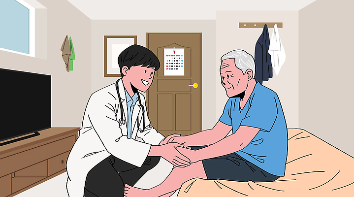 노년 일러스트 의학 친절 주택 건강 병원 치료 손잡기 진료 방 환자 의사 도움 직원 상담 의사소통 국내일러스트 AI파일 컨셉 모션 성인 건물 의료진 파일형식 벡터