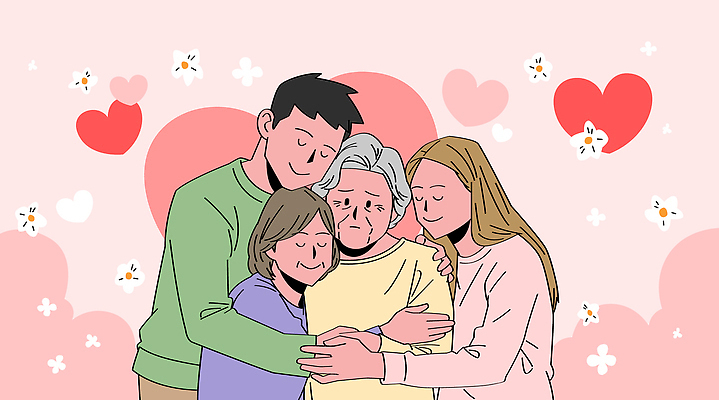 여자 남자 꽃 행복 할머니 백그라운드 일러스트 가족 포옹 손자 주택 따뜻함 사랑 평화 하트 소중 그림 교감 순간 국내일러스트 AI파일 모양 식물 노년 감정 컨셉 관계 안기 사람 건물 손주 파일형식 벡터