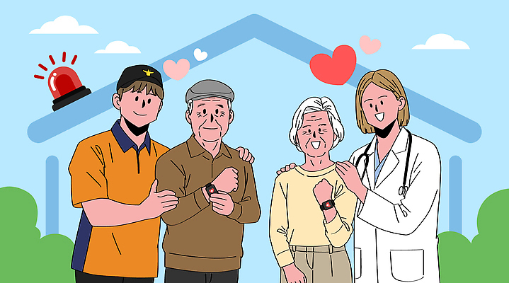 노년 일러스트 가족 협력 기술 사랑 안전 건강관리 다정 의료진 경찰 노인복지 커뮤니티 지원 스마트워치 지역사회 국내일러스트 AI파일 직업 감정 컨셉 의학 관계 건강 관리 성인 스마트기기 복지 웨어러블 파일형식 벡터