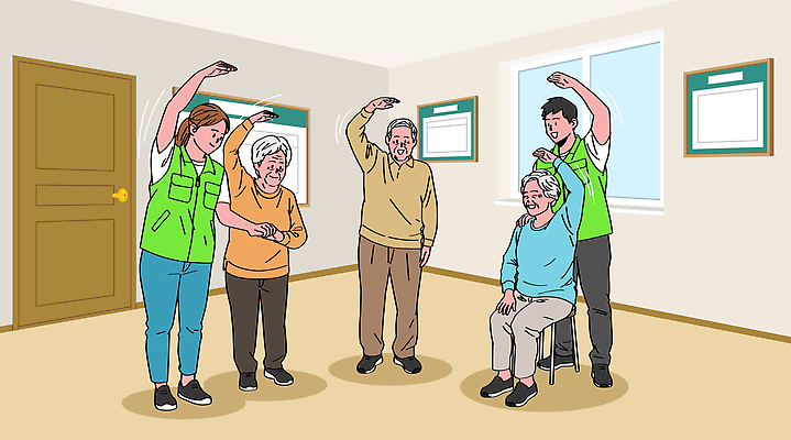 웰빙 노년 일러스트 모션 실내 건강 운동 헬스 스트레칭 표어 그룹 복도 자원봉사자 즐거움 노인복지 소통 프로그램 상호작용 국내일러스트 AI파일 감정 컨셉 성인 내부 복지 파일형식 벡터