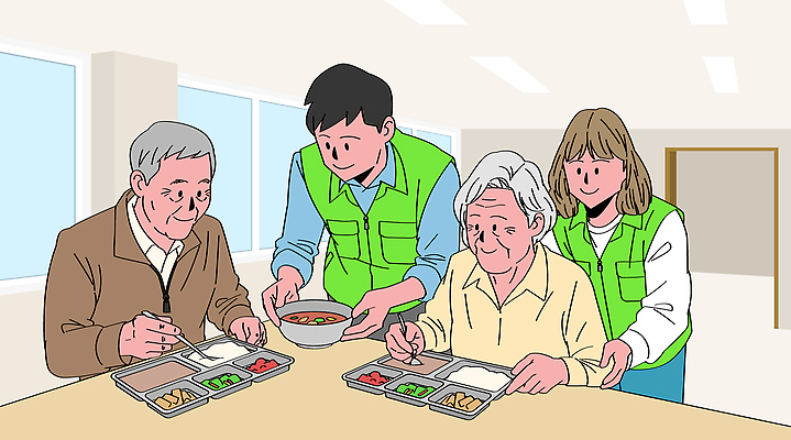 웰빙 노년 행복 감정 일러스트 모션 반찬 친절 건강 사랑 식사 봉사 도움 자원봉사자 노인복지 사회봉사 커뮤니티 급식 돌봄 국내일러스트 AI파일 음식 컨셉 성인 복지 파일형식 벡터