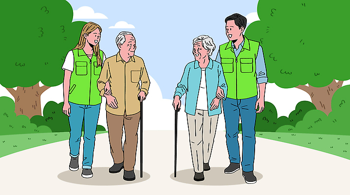 공원 노년 행복 길 일러스트 가족 모션 자연 친절 건강 대화 야외 여름 친구 산책 자원봉사자 사회봉사 커뮤니티 지원 상호작용 국내일러스트 AI파일 계절 공공시설 감정 관계 휴식 말하기 성인 봉사 생태계 파일형식 벡터