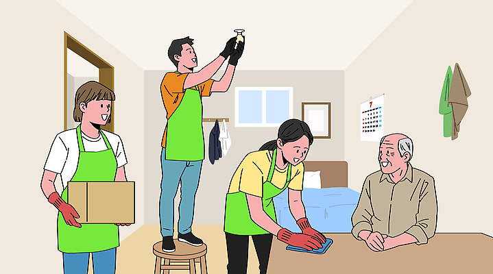 노년 일러스트 가정 가족 모션 협력 집안 친절 따뜻함 청년 깨끗함 스탠드 작업 봉사 도움 자원봉사자 청소도구 청소 정리 흰장갑 홈케어 국내일러스트 AI파일 장갑 컨셉 관계 조명 실내 관리 성인 도구 파일형식 벡터