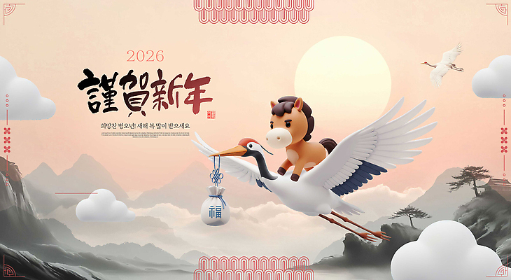 PSD 동물 편집이미지 전통 문화 인형 백그라운드 새해 산 평화 축제 학 축하 말_동물 그림 풍요 2026년 이미지편집 컨셉 포유류 조류 연도 파일형식
