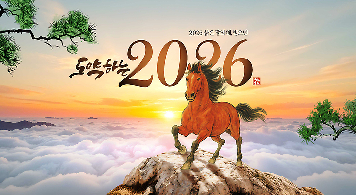 PSD 동물 구름 편집이미지 자연 아침 산 풍경 태양 주황색 희망 절벽 에너지 말_동물 시작 2026년 이미지편집 주간 자연요소 감정 컬러 포유류 연도 생태계 파일형식