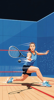 JPG 스포츠 일러스트 공 경기 파란색 운동복 운동 힘 경쟁 경기장 운동장 스쿼시라켓 집중 열정 스쿼시 스트라이크 국내일러스트 AI일러스트 AI콘텐츠 옷 감정 컬러 컨셉 스포츠시설 건강 구기 공간 라켓 파일형식