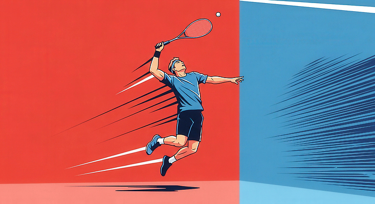 JPG 스포츠 포즈 일러스트 모션 운동선수 빨간색 파란색 운동 경쟁 에너지 코트 테니스 스윙 집중 순간 승부 국내일러스트 AI일러스트 AI콘텐츠 컬러 컨셉 건강 구기 외투 파일형식