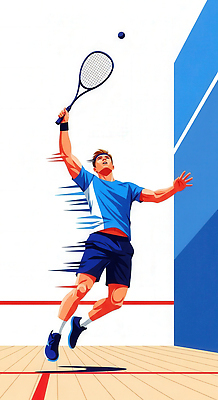 JPG 남자 스포츠 일러스트 운동선수 서브 경기 운동 경쟁 코트 집중 연습 역동적 열정 스쿼시 아웃 스매싱 국내일러스트 AI일러스트 AI콘텐츠 감정 컨셉 모션 건강 사람 구기 외투 파일형식