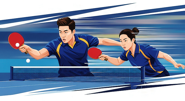 JPG 커플 여자 남자 스포츠 일러스트 공 협력 운동선수 기술 경기 운동 경쟁 라켓 탁구 집중 연습 스포트라이트 승부 국내일러스트 AI일러스트 AI콘텐츠 스포츠용품 컨셉 관계 건강 사람 구기 파일형식