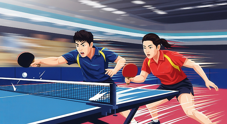 JPG 여자 남자 스포츠 일러스트 공 모션 탁자 협력 운동선수 기술 경기 힘 경쟁 에너지 코트 탁구 연습 속도 전략 국내일러스트 AI일러스트 AI콘텐츠 가구 컨셉 사람 구기 외투 파일형식