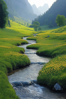 JPG 편집이미지 꽃 자연 하늘 산 풍경 초원 초록색 여름 평화 계곡 흐름 금색 개울 숲 편집실사 AI포토 AI콘텐츠 식물 계절 컬러 컨셉 강 CG 생태계 파일형식