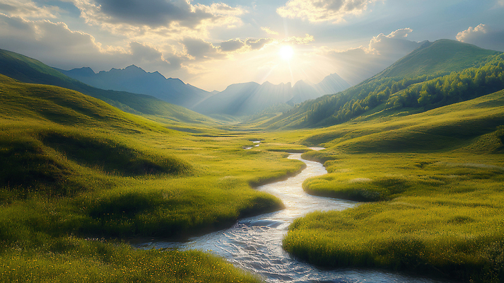JPG 편집이미지 여유 여행 자연 하늘 산 풍경 초원 물 파란색 햇빛 고요 개울 산맥 편집실사 AI포토 AI콘텐츠 자연요소 감정 컬러 강 태양 CG 생태계 파일형식