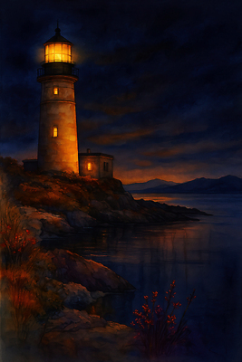 JPG 물결 파도 바다 일러스트 자연 밤하늘 조명 산 등대 풍경 빛 평화 노을 고요 일몰 역광 암초 뷰티풀 국내일러스트 AI일러스트 AI콘텐츠 자연요소 컨셉 하늘 야간 생태계 파일형식