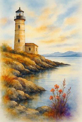 JPG 꽃 물결 예술 바다 컬러 여행 일러스트 자연 하늘 수채화 등대 풍경 해변 여름 빛 일몰 바위 그림 조용 국내일러스트 AI일러스트 AI콘텐츠 식물 계절 노을 돌_바위 생태계 파일형식