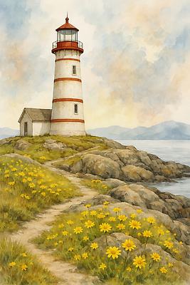 JPG 꽃 바다 섬 여행 일러스트 자연 하늘 등대 풍경 해변 여름 노란색 평화 걷기 공간 돌_바위 시골 조경 조용 풍경화 국내일러스트 AI일러스트 AI콘텐츠 식물 계절 컬러 컨셉 모션 그림 생태계 파일형식