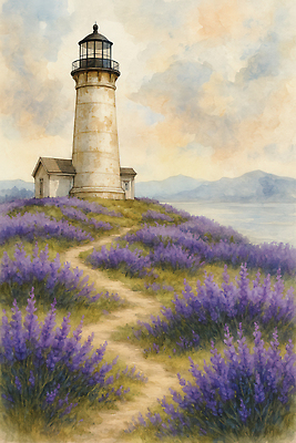 JPG 식물 유럽 길 예술 바다 일러스트 자연 하늘 수채화 등대 풍경 해변 관광지 보라색 고요 일몰 산책로 라벤더 국내일러스트 AI일러스트 AI콘텐츠 꽃 나라 컬러 여행 노을 허브 생태계 파일형식