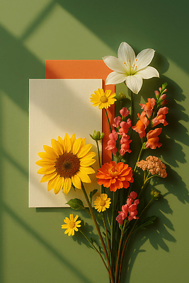 JPG 식물 편집이미지 꽃 자연 해바라기 햇빛 전시 편안함 백합 화사함 색종이 녹색배경 금잔화 편집실사 AI포토 AI콘텐츠 종이 백그라운드 컨셉 초록색 태양 감각 CG 생태계 파일형식