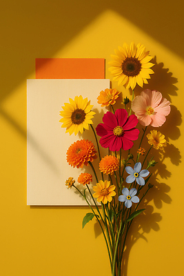 JPG 편집이미지 디자인 꽃 예술 꽃다발 자연 장식 여름 오브젝트 이미지 조화 노란배경 싱그러움 오후 편집실사 AI포토 AI콘텐츠 식물 계절 백그라운드 노란색 CG 생태계 파일형식